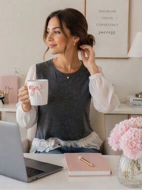 Coquette Lace Trim Blouse Women 40 Grey White Romantic Office Preppy Feminine